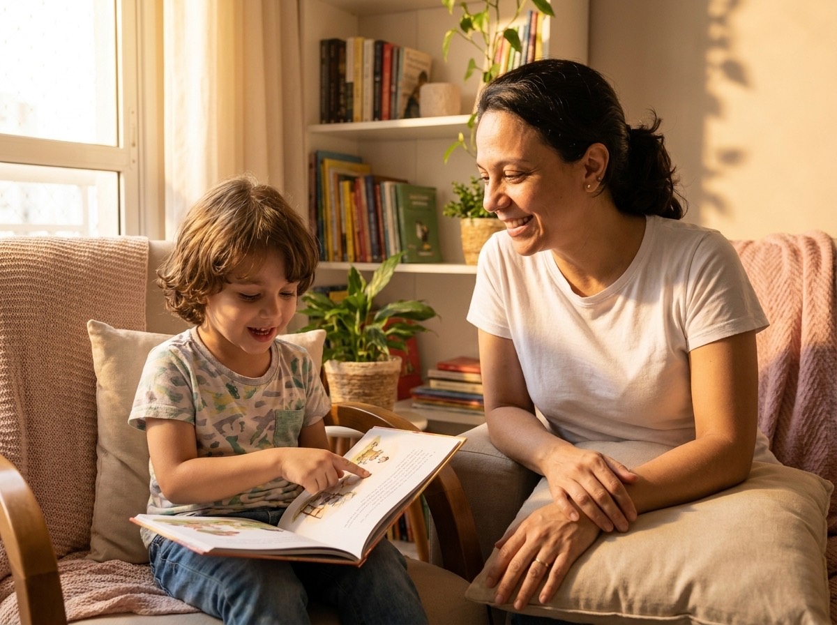 Criança lendo orgulhosa para a mãe